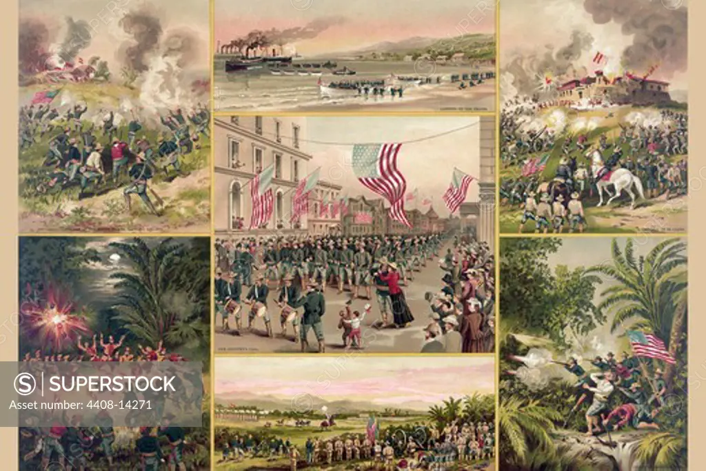 Collage of Events that Symbolize the American Victory against the Spanish, Spanish American War