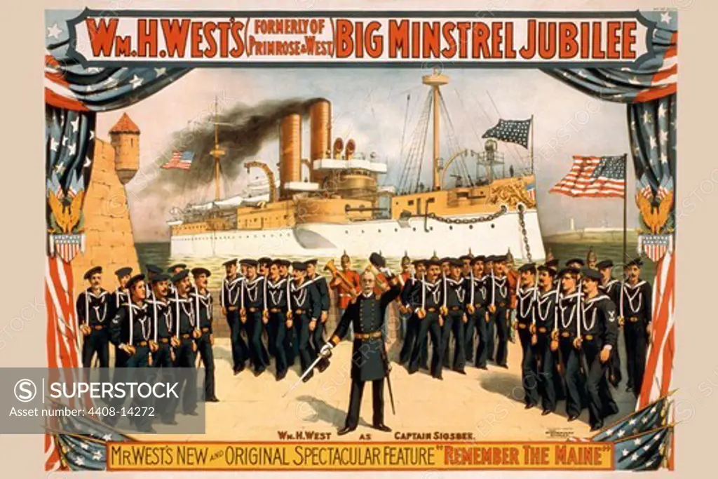 Stage play of Dewey with his Sailors in front of Battleship Olympia, Spanish American War