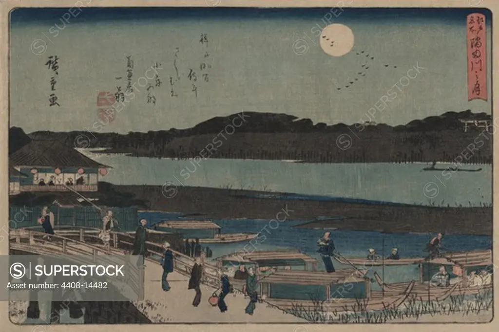 Moon over Sumida River., Japanese Prints - Nature