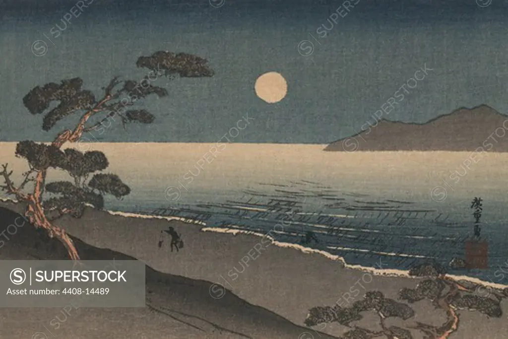 Dusk oven and Ocean Shore with a sole man carrying buckets on the Beach, Japanese Prints - Nature