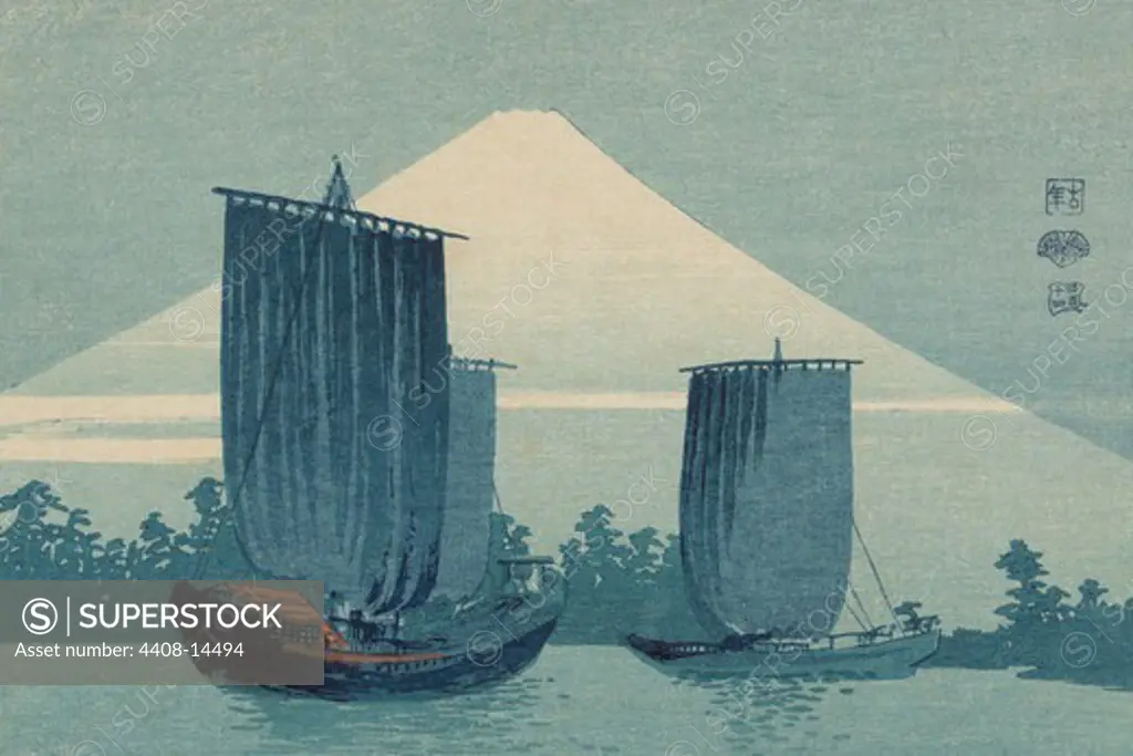 Sailboats and Mount Fuji., Japanese Prints - Nature