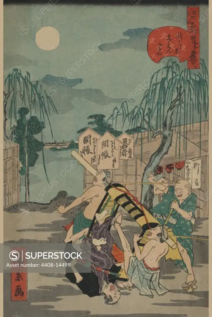 Porters drop a man being carried in a Sedan Chair, Japanese Prints - Nature
