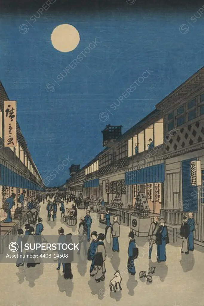 Full Moon Over a Crowded Street, Japanese Prints - Nature