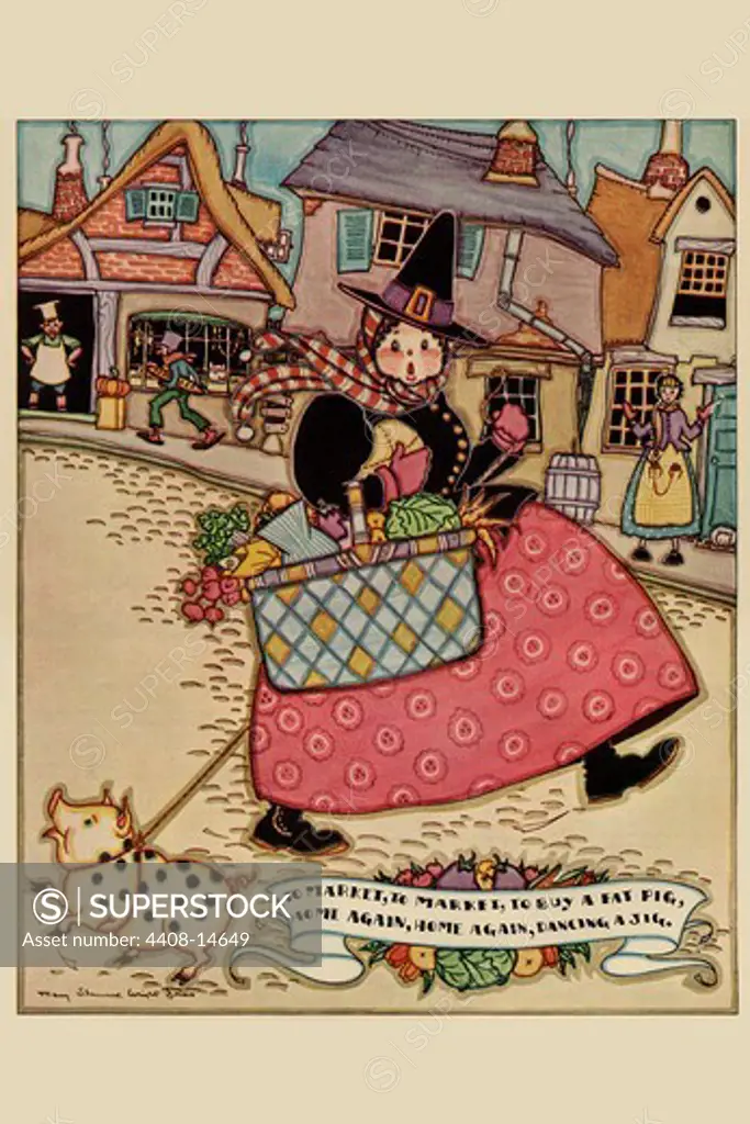 Cartoon Character walks thru and old town carrying a basket of produce, Sewing & Knitting