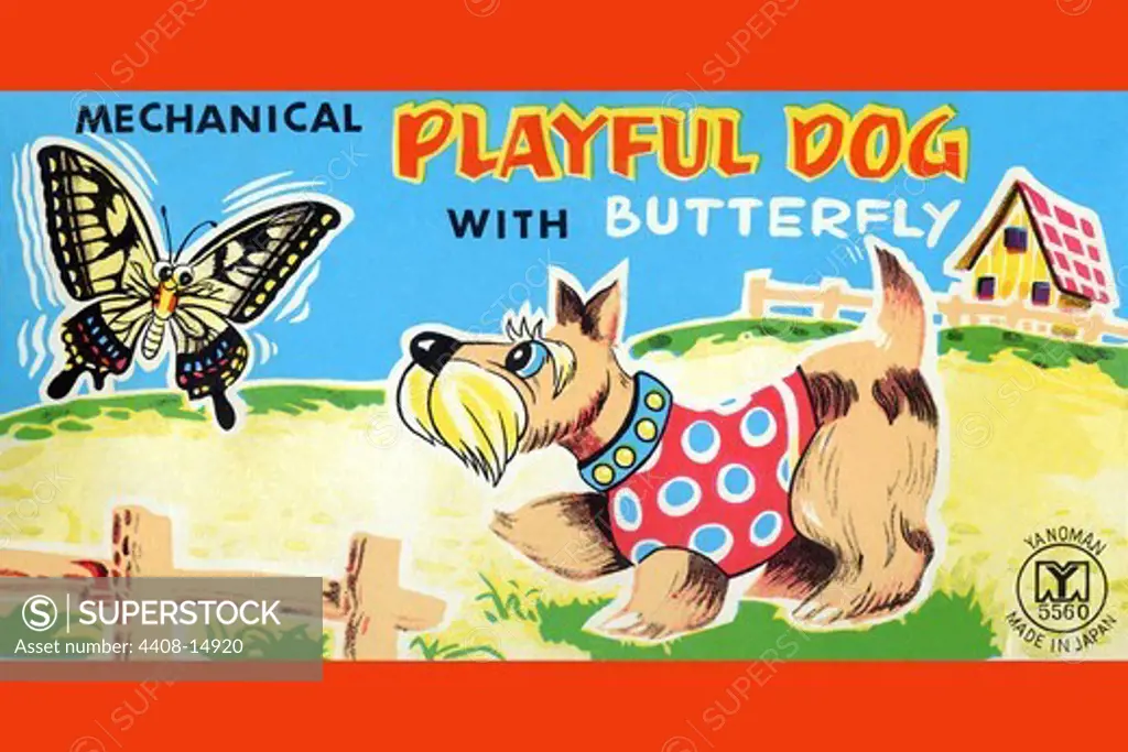 Playful Dog with Butterfly, Vintage Toy Box Art