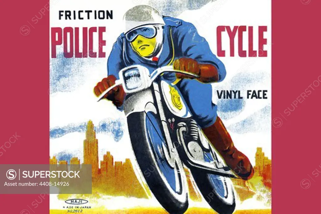 Friction Police Cycle, Vintage Toy Box Art