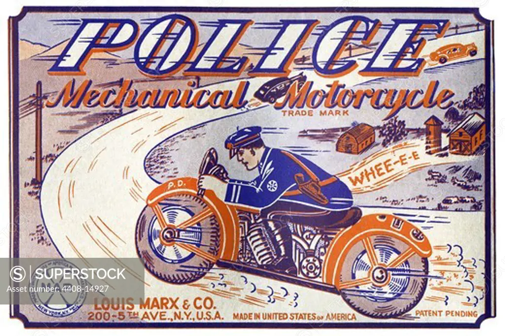 Police Mechanical Motorcycle, Vintage Toy Box Art