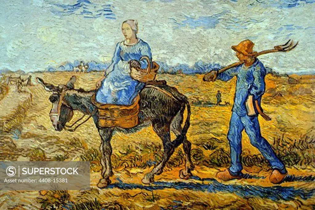 Morning with farmer and pitchfork; his wife riding a donkey and carrying a basket, Fine Art