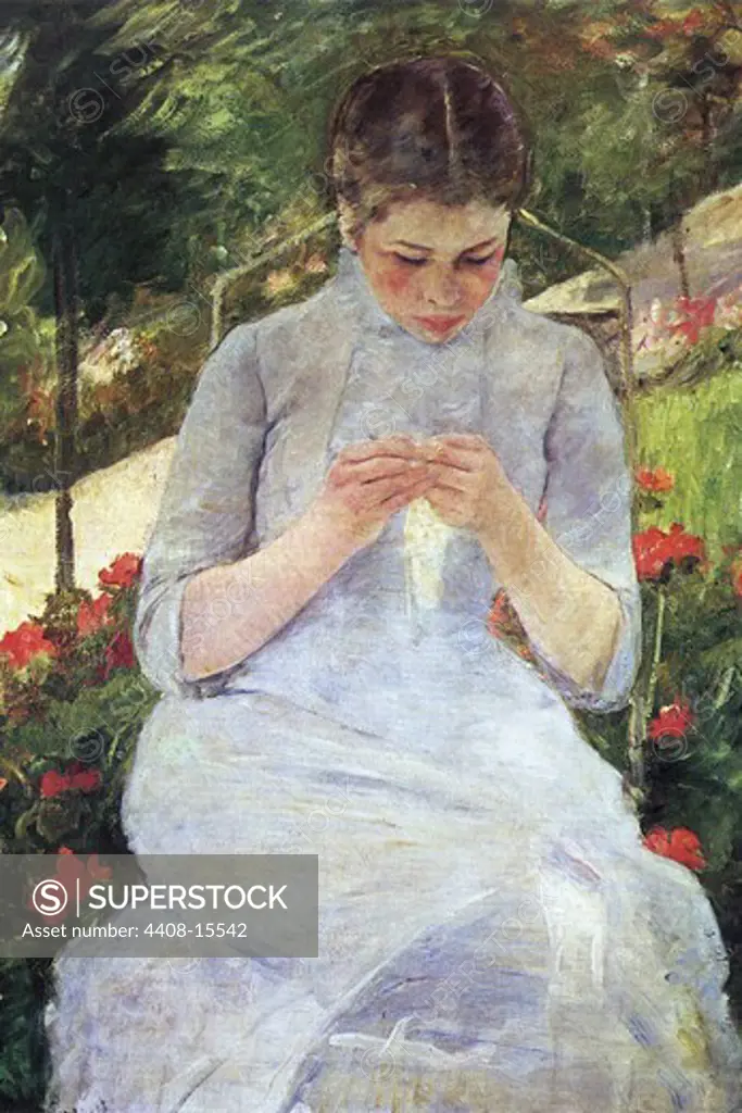 Young Woman Sewing in the Garden, Fine Art