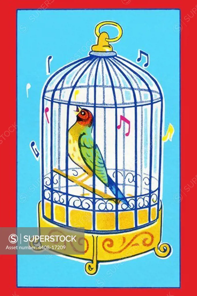 Song Bird in Cage, Vintage Toy Box Art