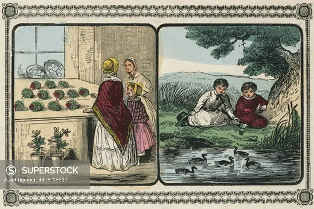 Women visit a shop that sells plants and boys by a pond count ducks., Pastimes