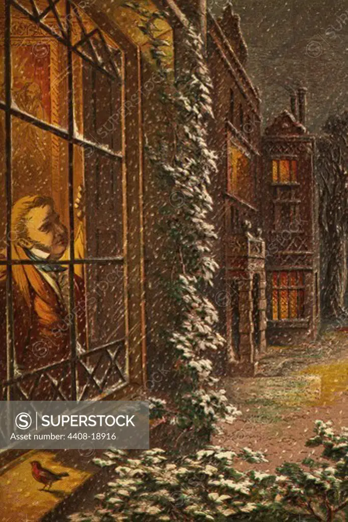 Christmas Eve and a Robin rests on the wndow sill in the falling snow, Children's Literature