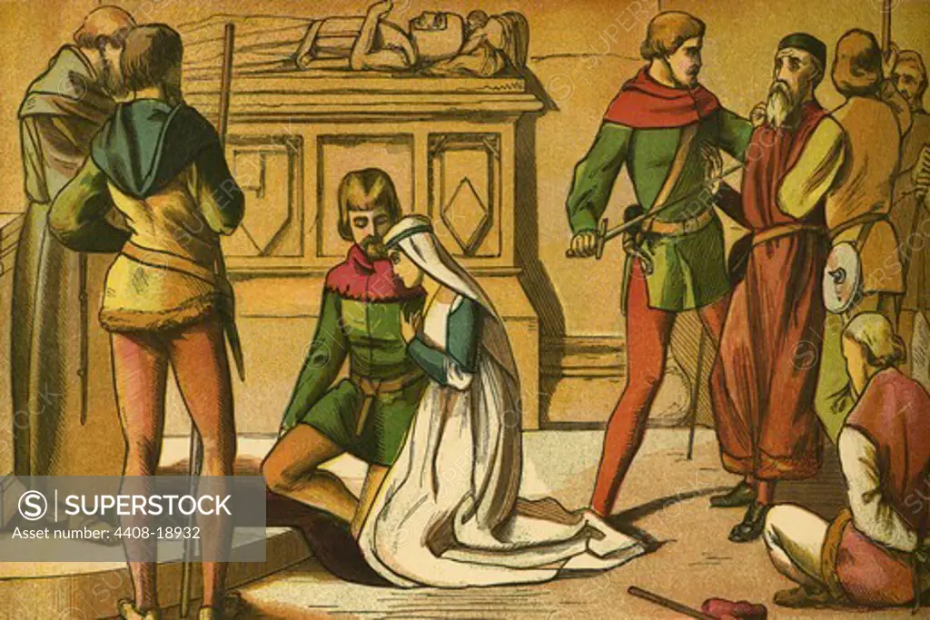 Robin Hood & Maid Marian beside a saint's tomb, Children's Literature