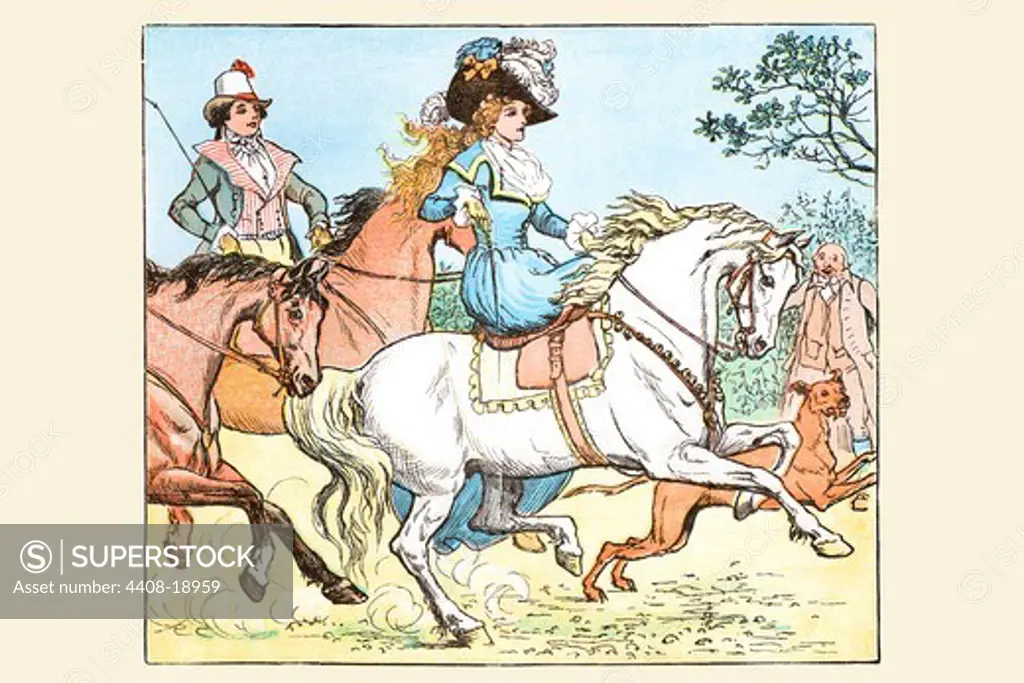 Young Girl Rides a White horse followed by a suitor, Randolph Caldecott