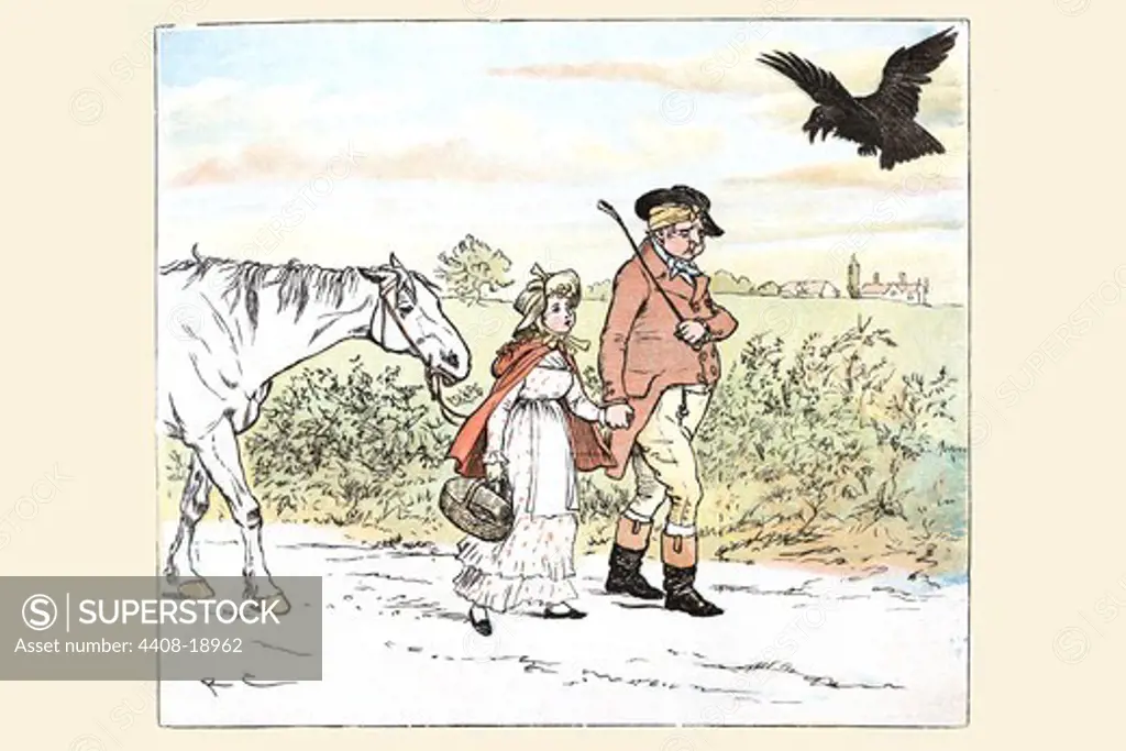 Raven laughs as the Farmer and his daughter able away bandaged, Randolph Caldecott