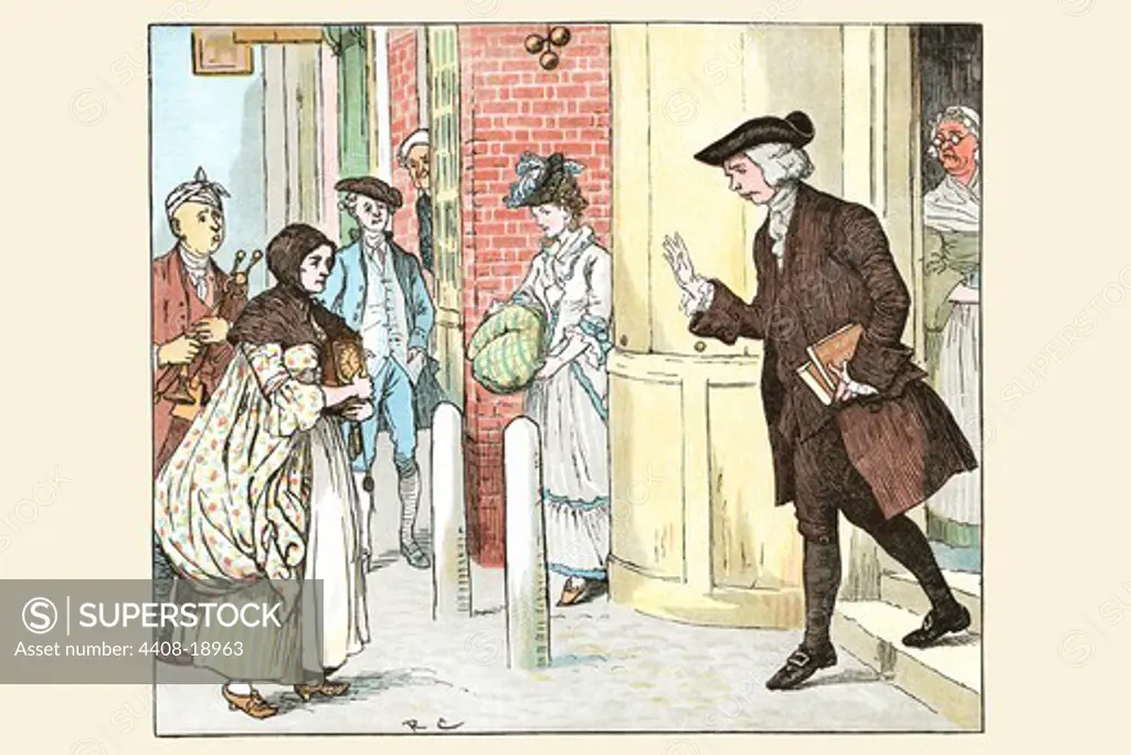Mrs. Mary Blaize is given a Good Morning from a gentleman leaving his home, Randolph Caldecott
