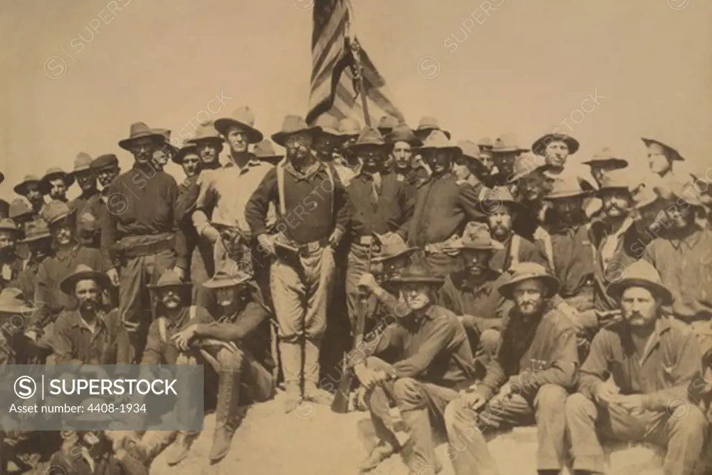 Colonel Roosevelt and his Rough Riders at the top of the hill which they captured, Battle of San Juan, Spanish American War