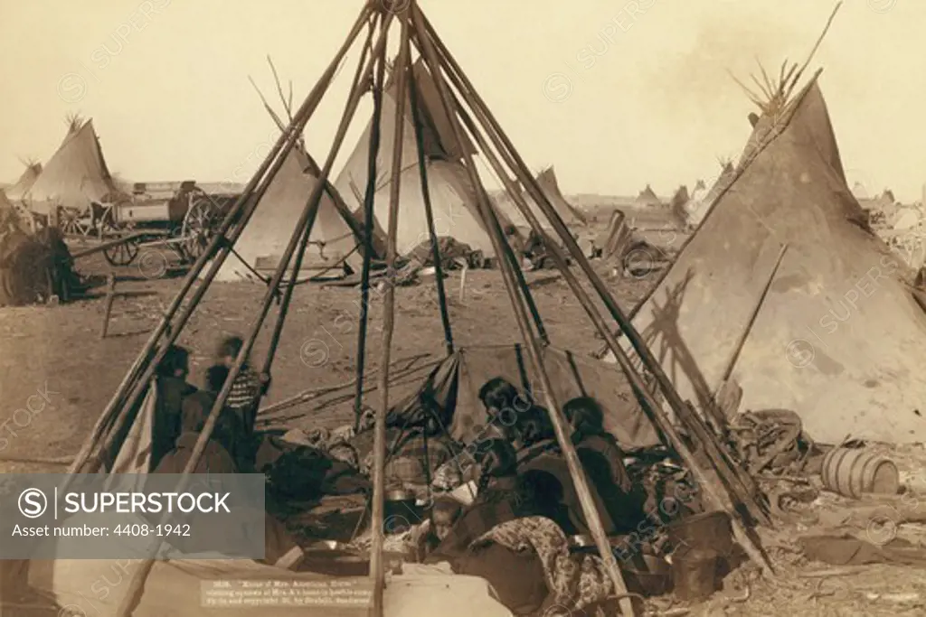 Home of Mrs. American Horse. Visiting squaws at Mrs. A's home in hostile camp, Native American