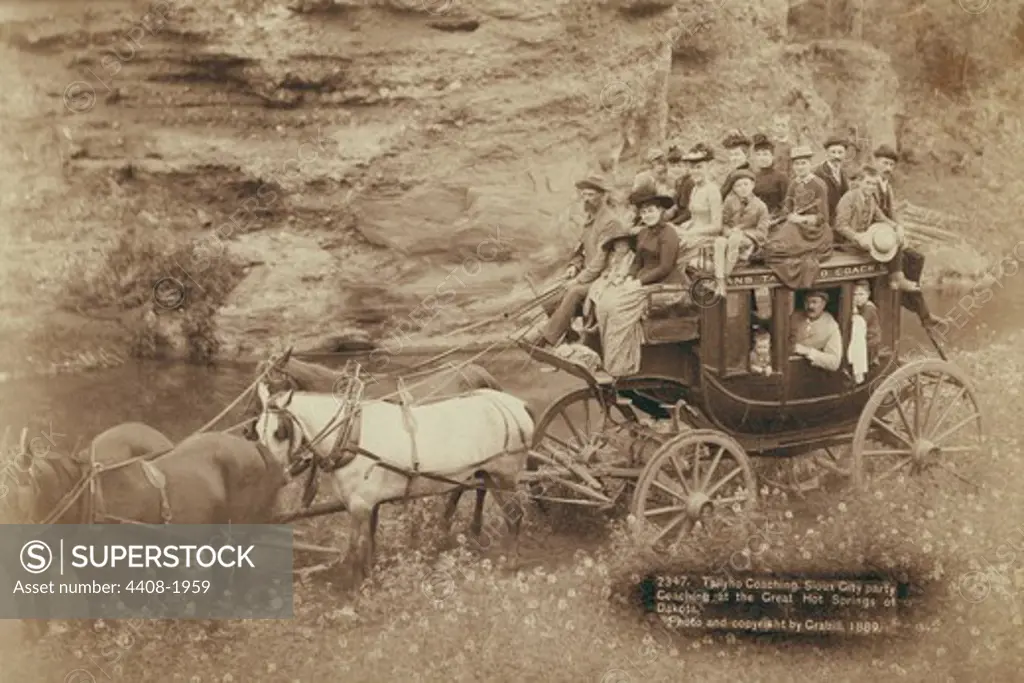 Tallyho Coaching. Sioux City party Coaching at the Great Hot Springs of Dakota, Wild West