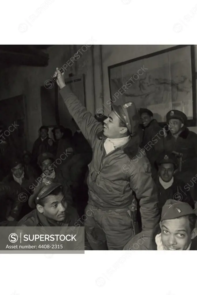 Members of the 332nd Fighter Group in a briefing room, Ramitelli, Italy, March, 1945, African-Americans