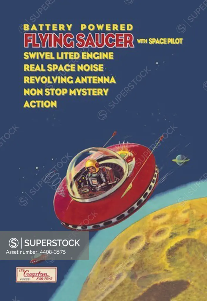 Battery Powered Flying Saucer with Space Pilot, Robots, ray guns & rocket ships
