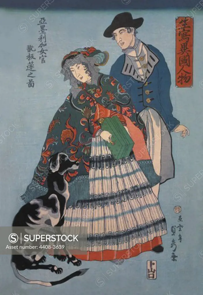 American Woman with Accordian, Japanese Prints - Yokohama Namban - Foreigners