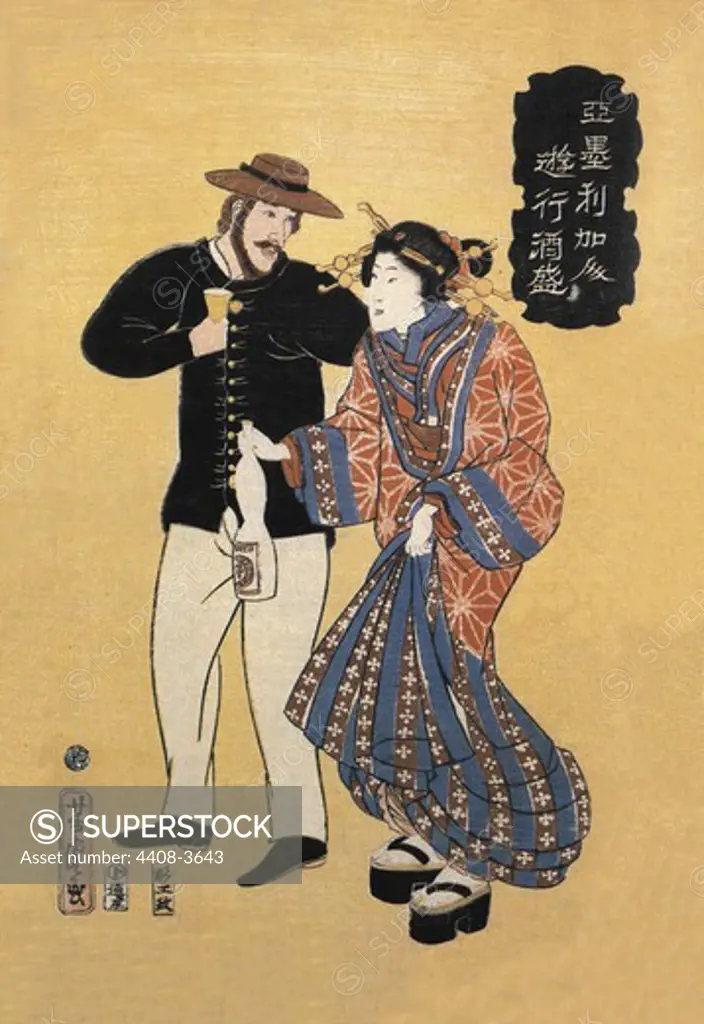 American Drinking with Japanese Courtesan, Japanese Prints - Yokohama Namban - Foreigners