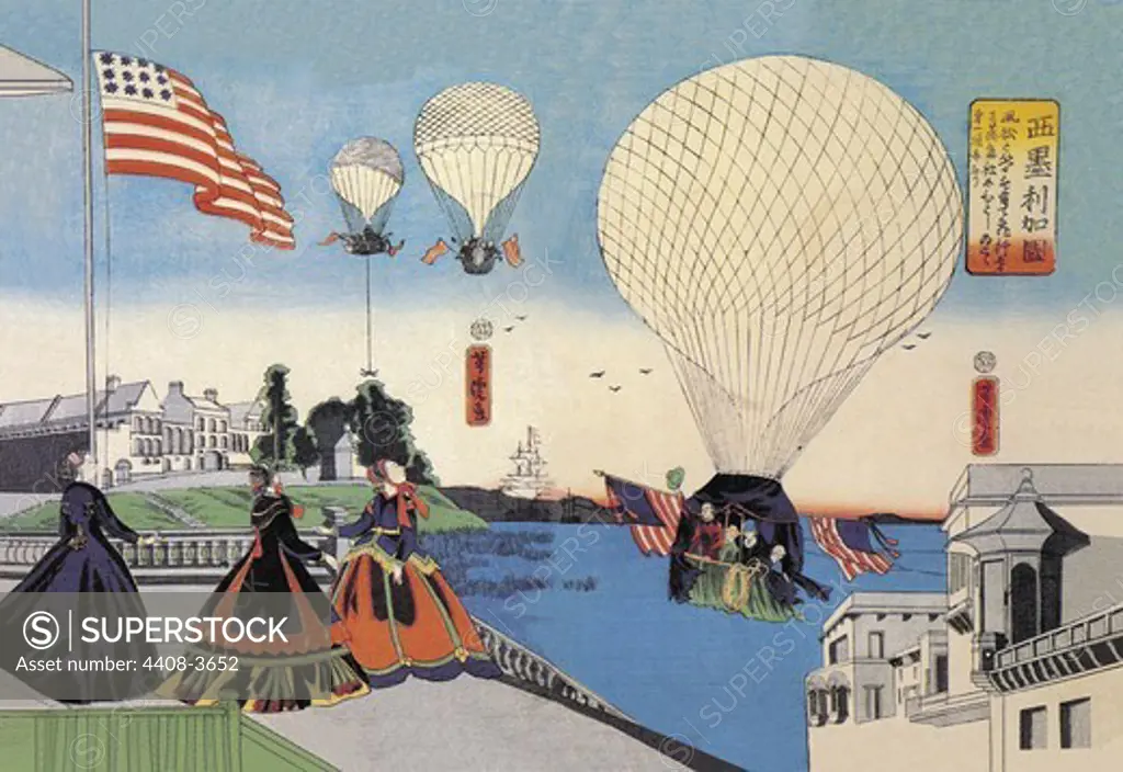 American Hot Air Balloons Take Flight, Japanese Prints - Yokohama Namban - Foreigners