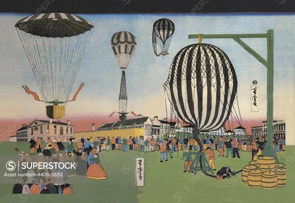 Launching of Hot Air Balloons, Japanese Prints - Yokohama Namban - Foreigners