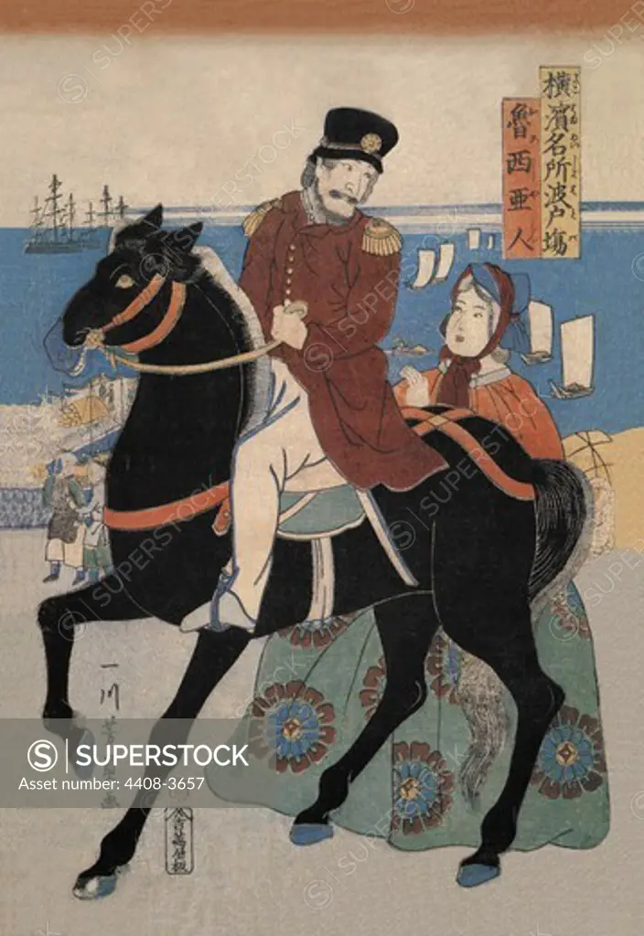 Mounted Russian Horseman Bids Adieu to Woman, Japanese Prints - Yokohama Namban - Foreigners
