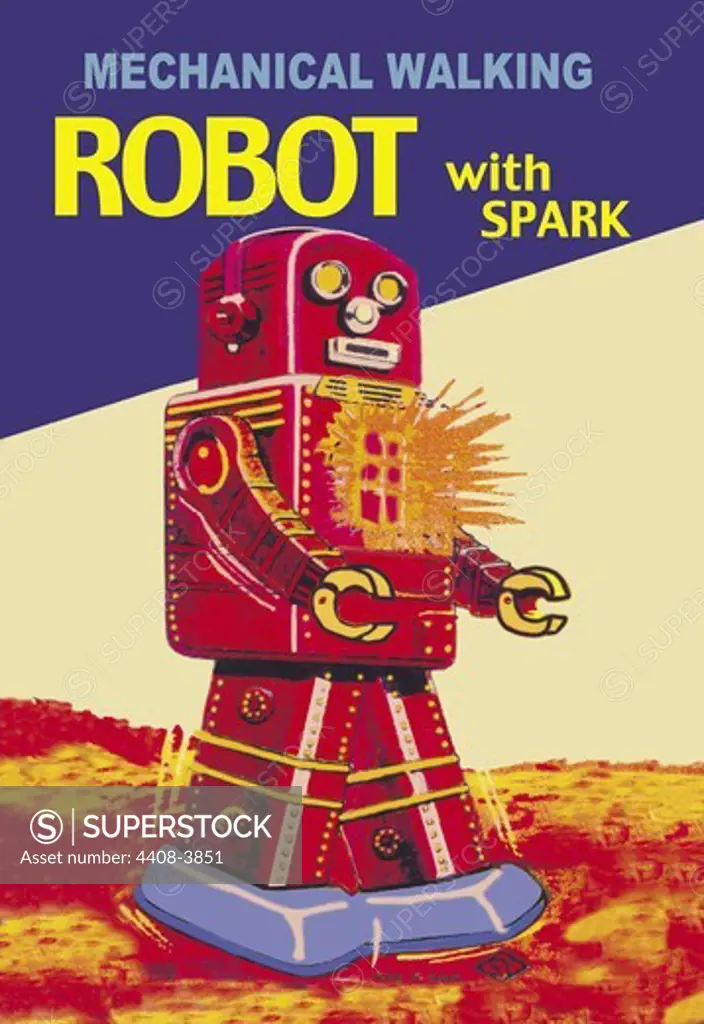 Mechanical Walking Red Robot with Spark, Robots, ray guns & rocket ships
