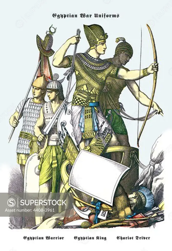 Egyptian War Uniforms: Egyptian Warrior, King and Driver, Medieval Fashion - Racinet
