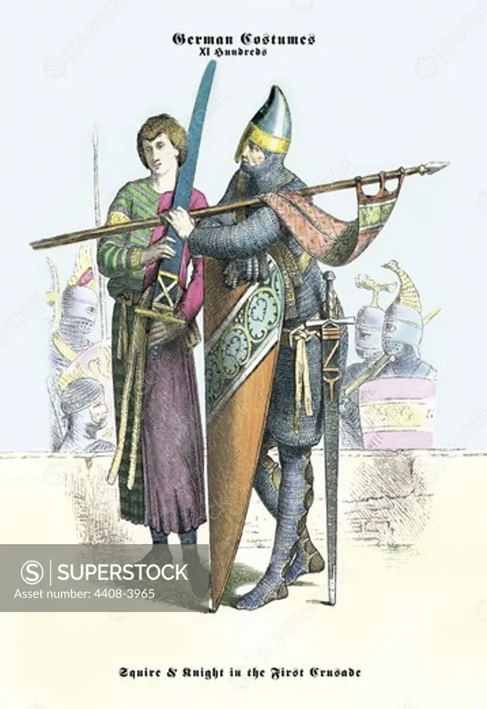 German Costumes: Squire and Knight in the First Crusade, Medieval Fashion - Racinet