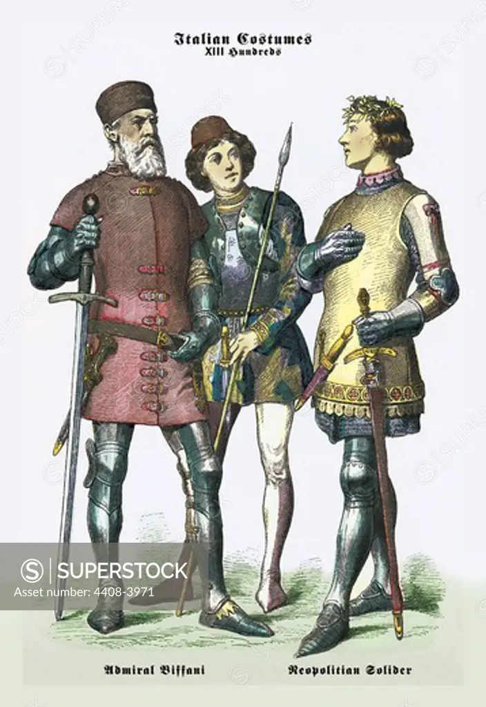 Italian Costumes: Neopolitan Soldiers, Medieval Fashion - Racinet
