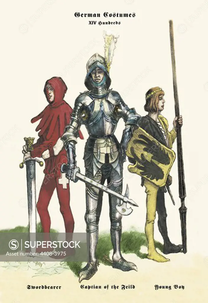 German Costumes: Sword Bearer, Captain of the Field and Young Boy, Medieval Fashion - Racinet