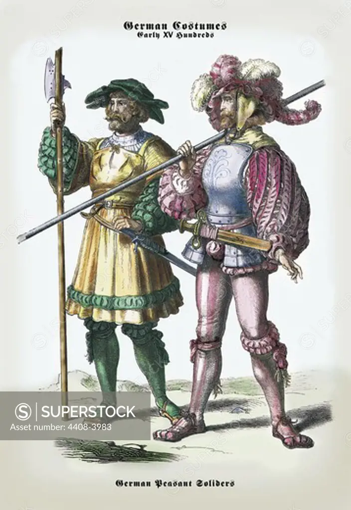 German Costumes: German Peasant Soldiers, Medieval Fashion - Racinet