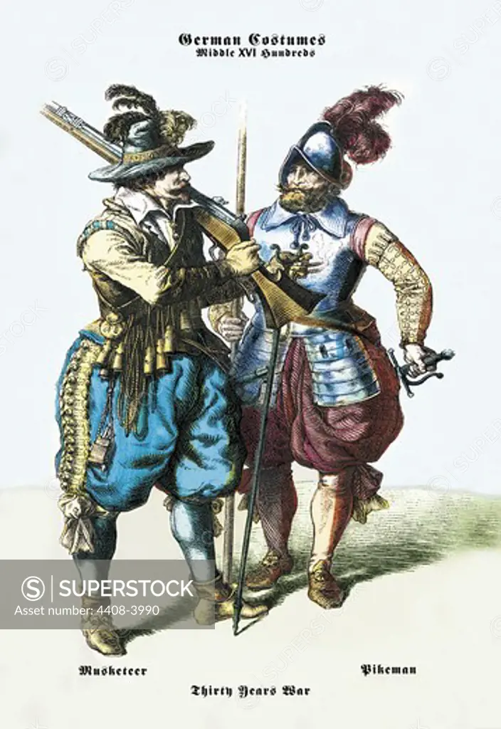 German Costumes: Thirty Years War: Musketeer, Medieval Fashion - Racinet