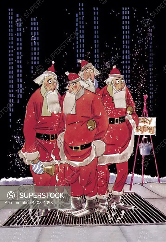 Salvation Army Santas Try to Keep Warm Standing on Sidewalk Grating, Christmas & Santa
