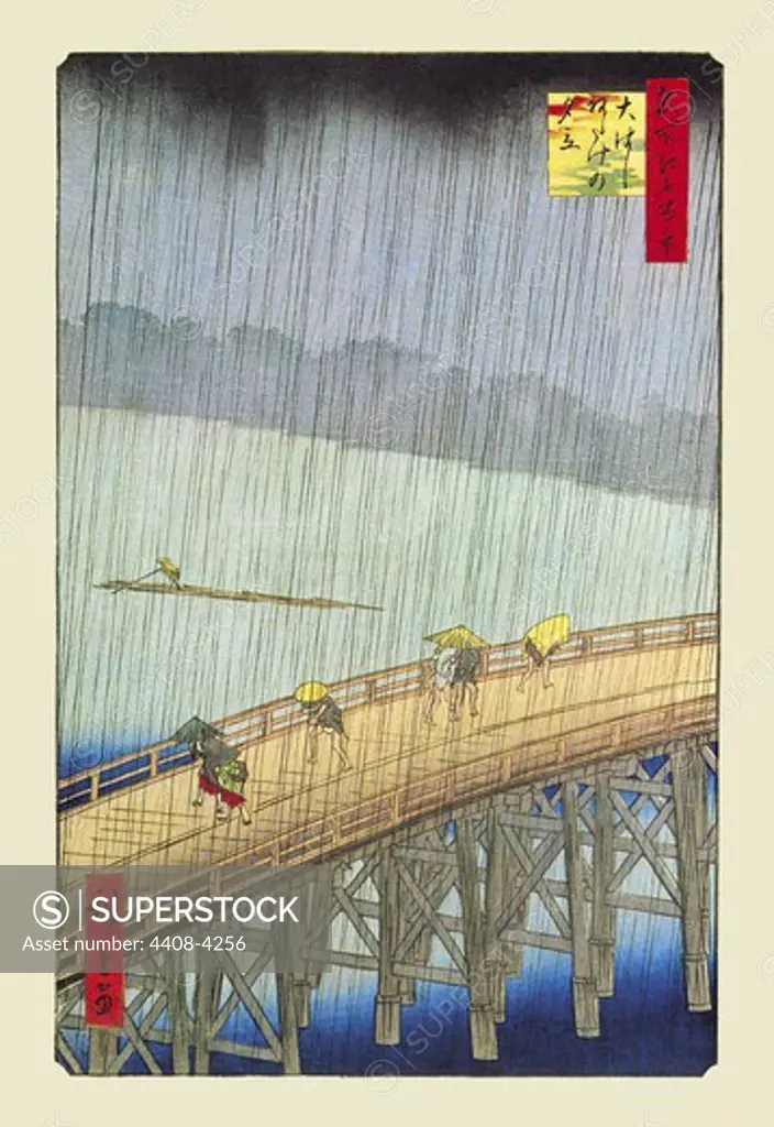 Great Bridge, Sudden Shower at Atake, Japanese Prints - Hiroshige