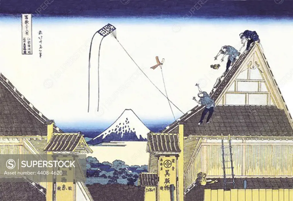 Kite Flying from Rooftop, Japanese Prints - Hokusai