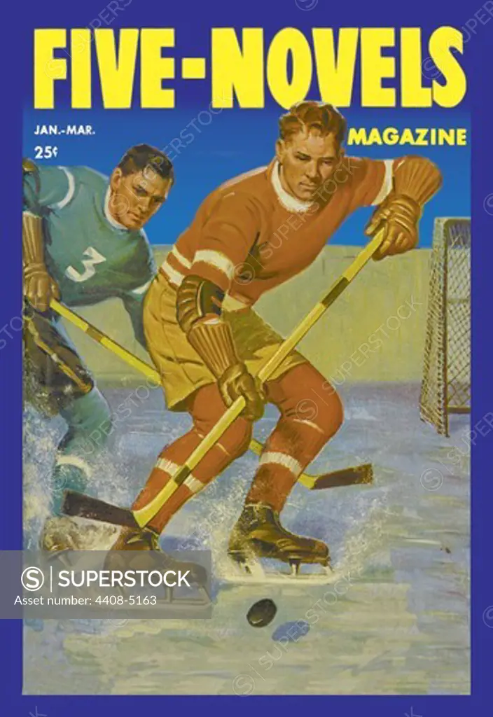 Two Players Skating Towards the Bouncing Puck, Hockey
