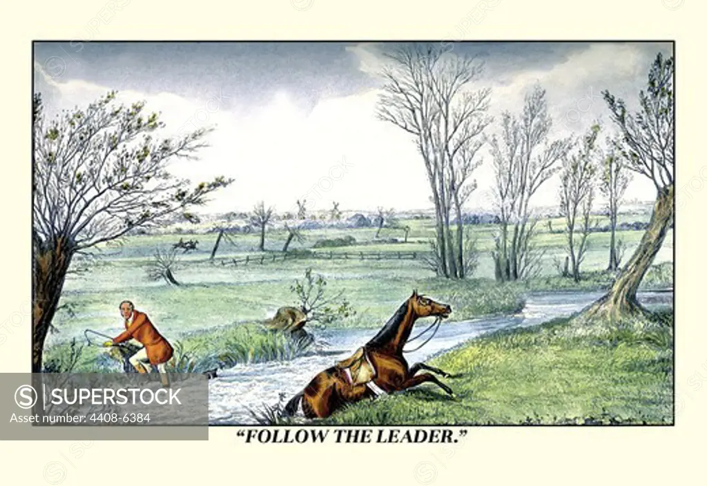 Horse and Rider Climb out of the Stream on Different Sides, Dogs