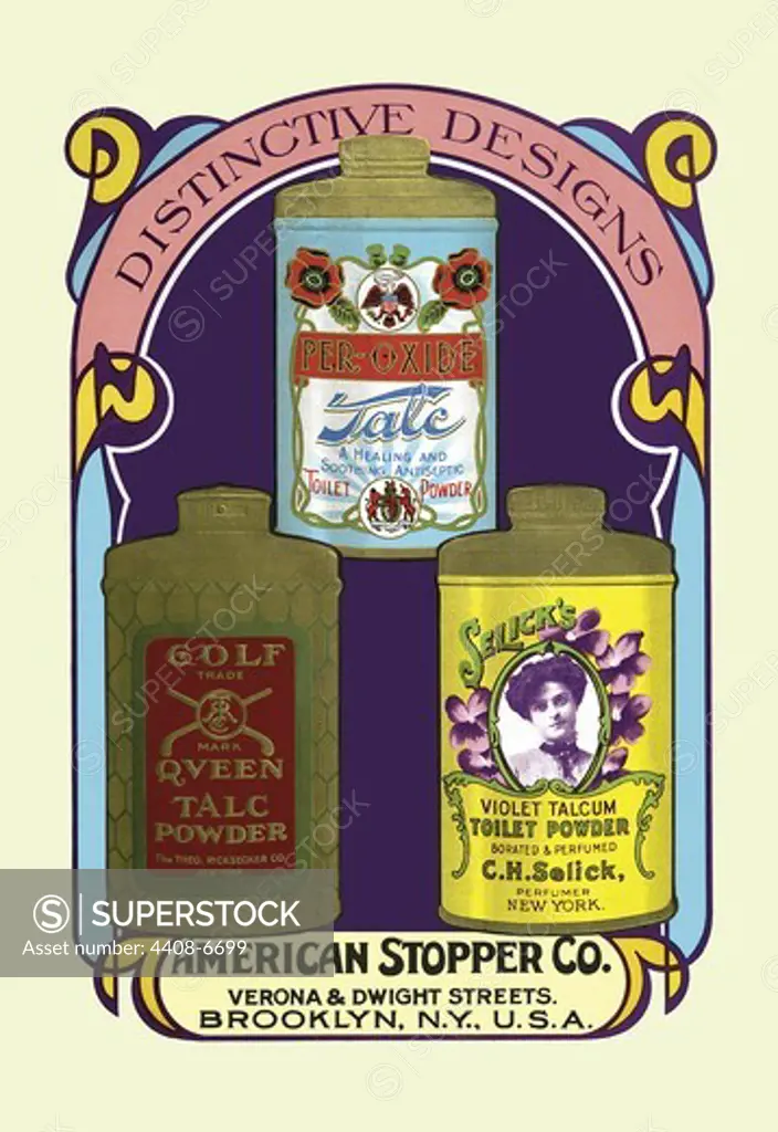 Golf Queen Talc Powder, Per-Oxide Talc, and Selick's Violet Talcum Powder, Victorian Talcum Powder Tin Designs