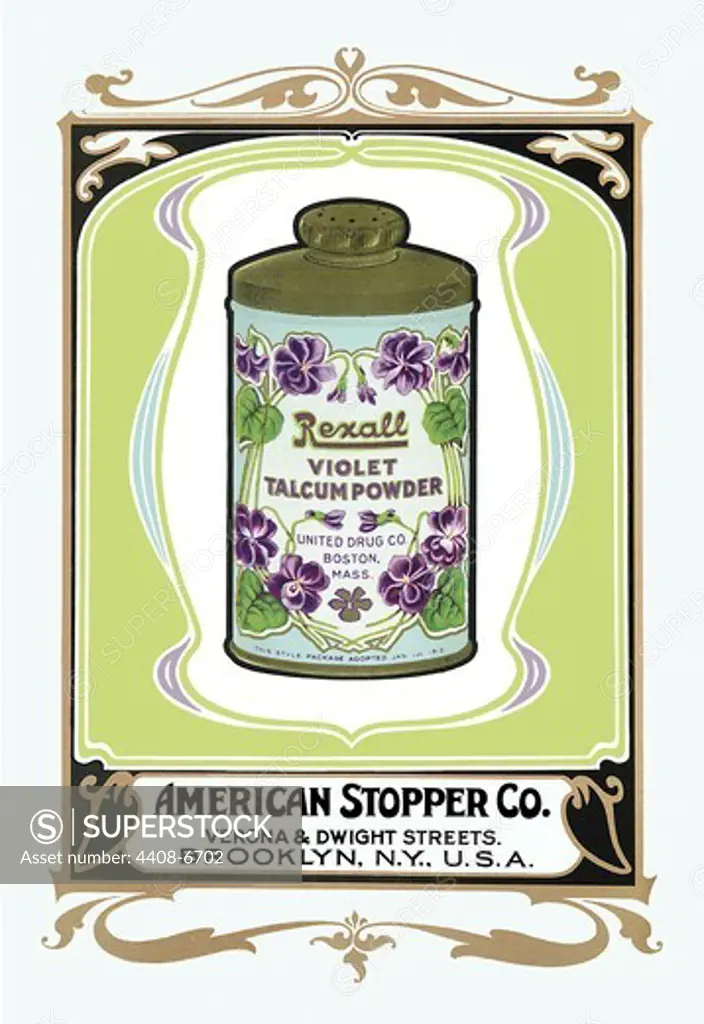 Rexall Violet Talcum Powder, Victorian Talcum Powder Tin Designs