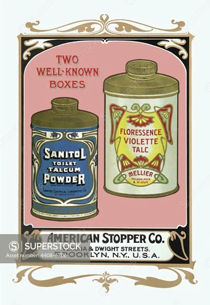 Sanitol Talcum Powder and Floressence Violette Talc, Victorian Talcum Powder Tin Designs