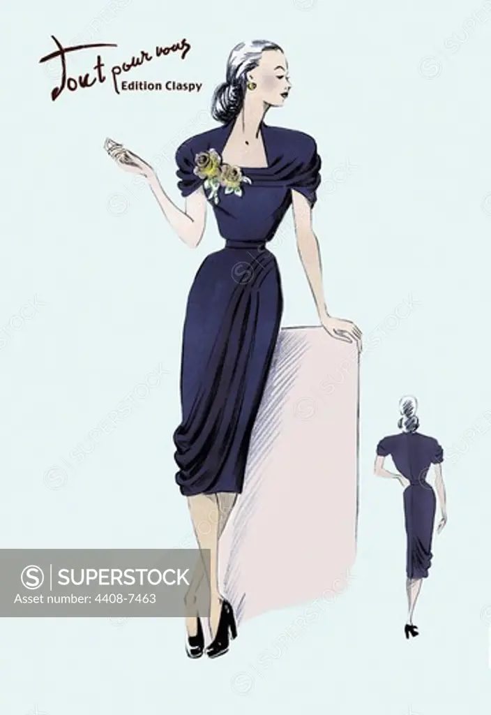 Royal Blue Dress with Corsage, Ladies Fashion - 1947