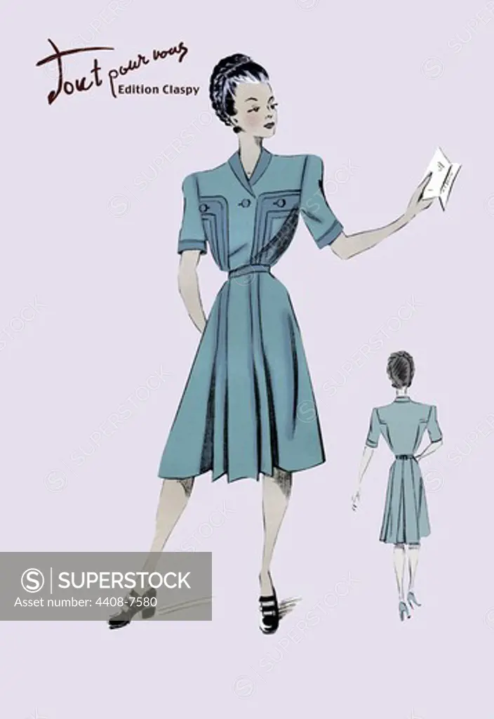 Casual Dress in Turquoise, Ladies Fashion, French - 1947