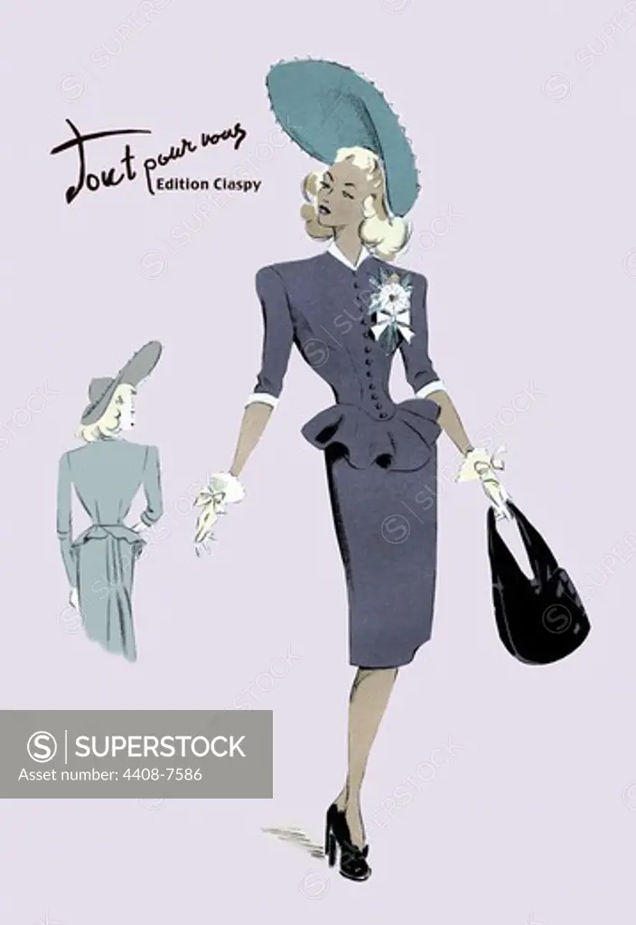 Classy Suit Dress with Hat and Bag, Ladies Fashion, French - 1947