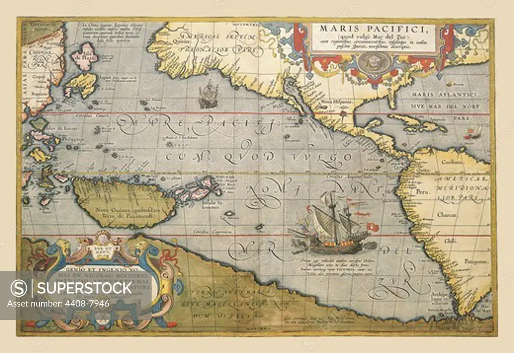 Map of the Pacific Ocean, Theatro D'el Orbe La Tierra - Ortelius