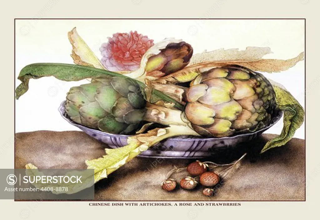 Chinese Dish With Artichokes, a Rose and Strawberries, Giovanna Garzoni